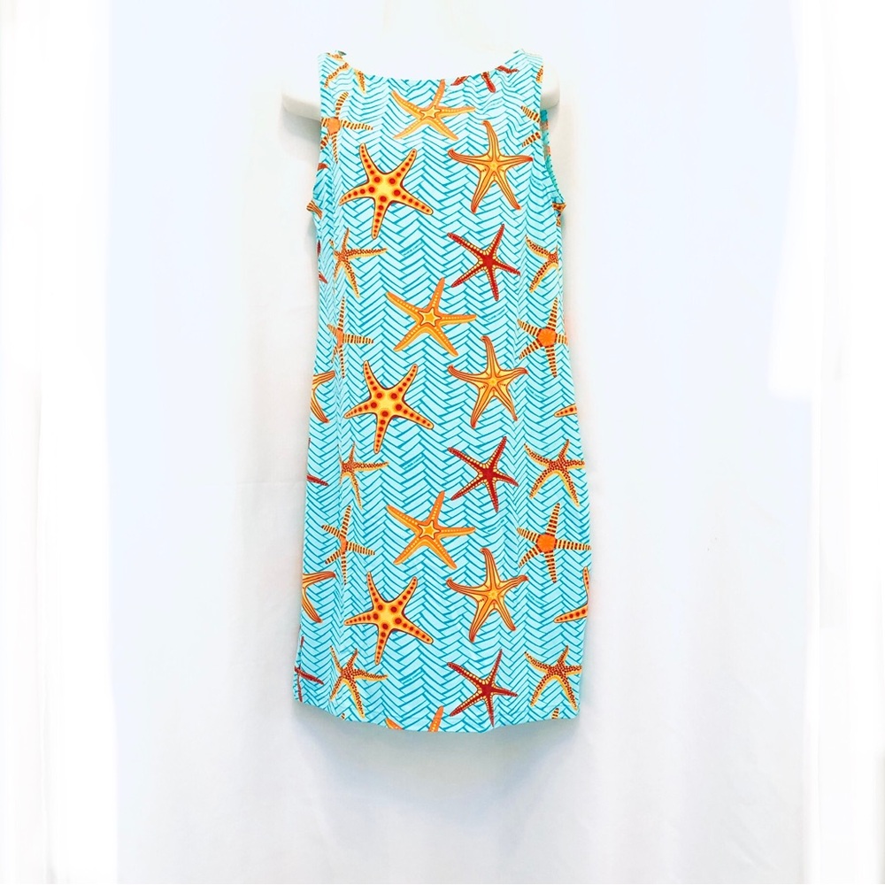 MANUEL CANOVAS Blue w/ Orange Starfish Sleeveless Sheath Dress